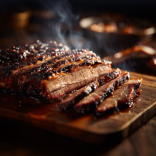 Sliced grilled steak on a wooden cutting board with smoke in the background