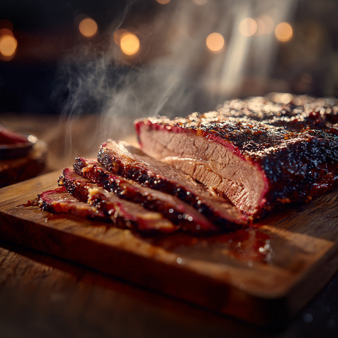 Sliced smoked meat on a wooden cutting board with a blurred background