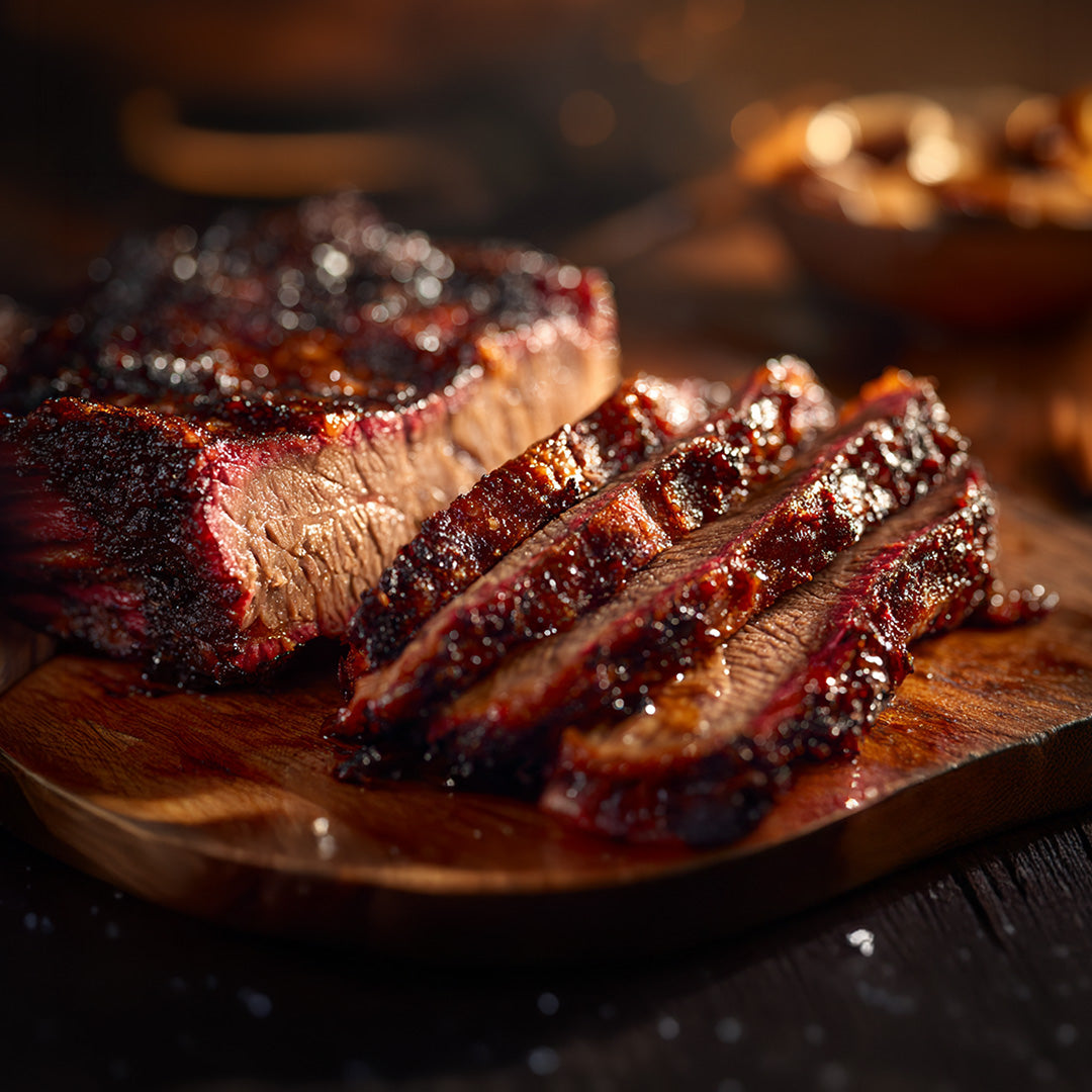 Sliced beef on a wooden cutting board with a dark background