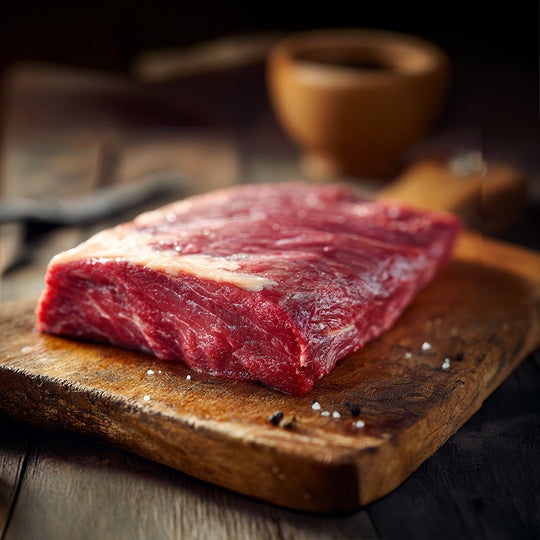 Raw steak on a wooden cutting board with salt and pepper, rustic background
