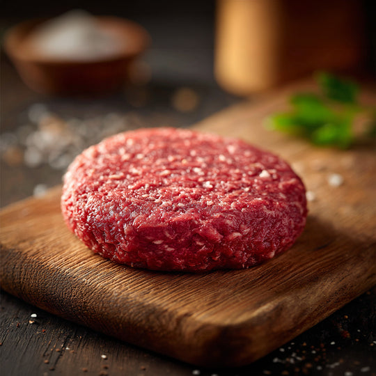Raw hamburger patty on a wooden cutting board with a blurred background