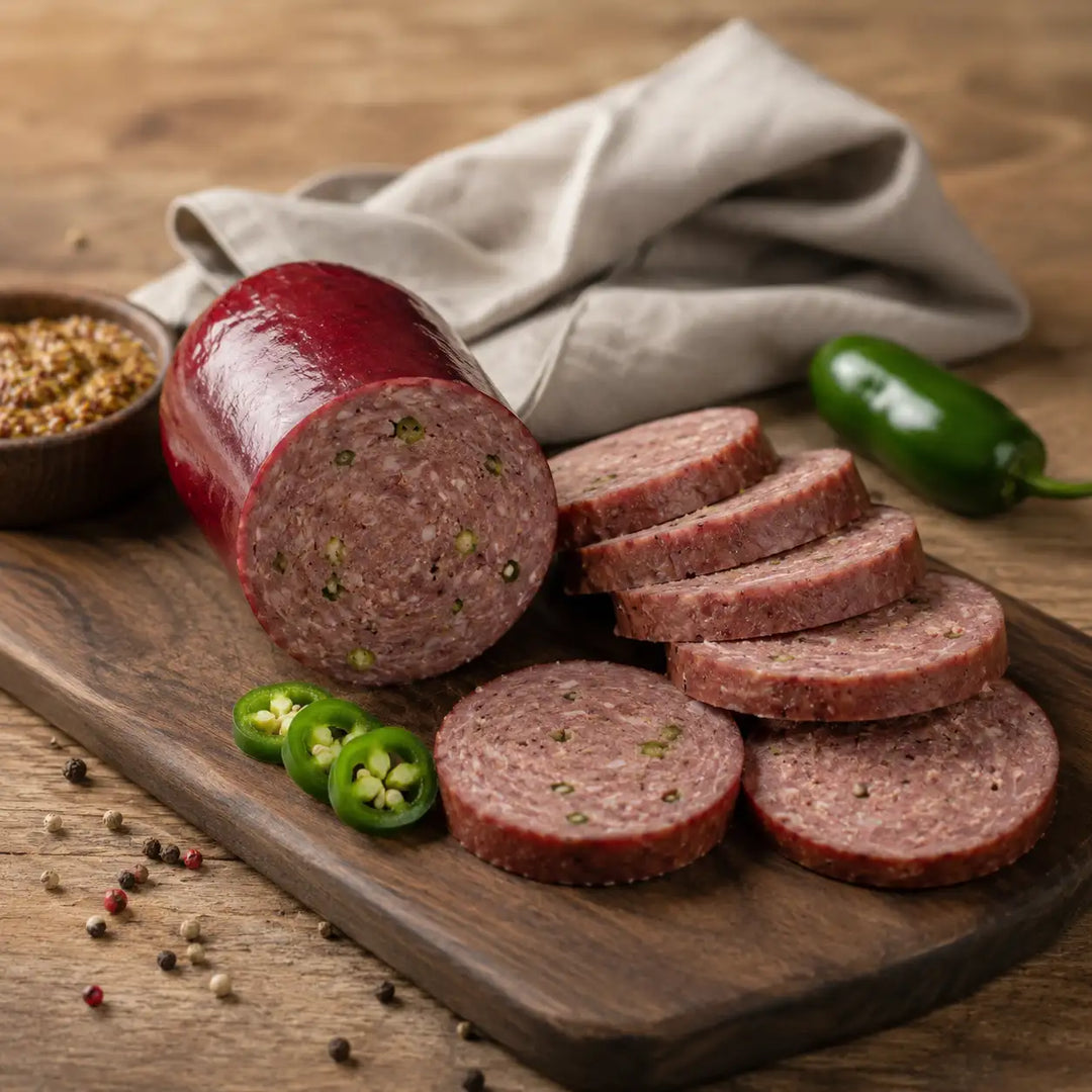 Sliced jalapeño summer sausage on a wooden board with a pepper and towel in the background