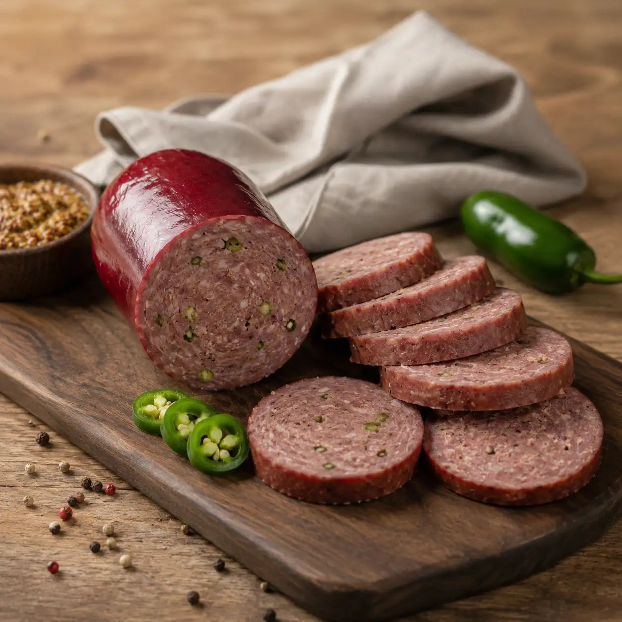 Sliced jalapeño summer sausage on a wooden board with a pepper and towel in the background