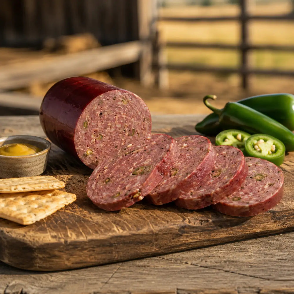 Sliced jalapeño summer sausage on a wooden board with peppers and crackers in the background