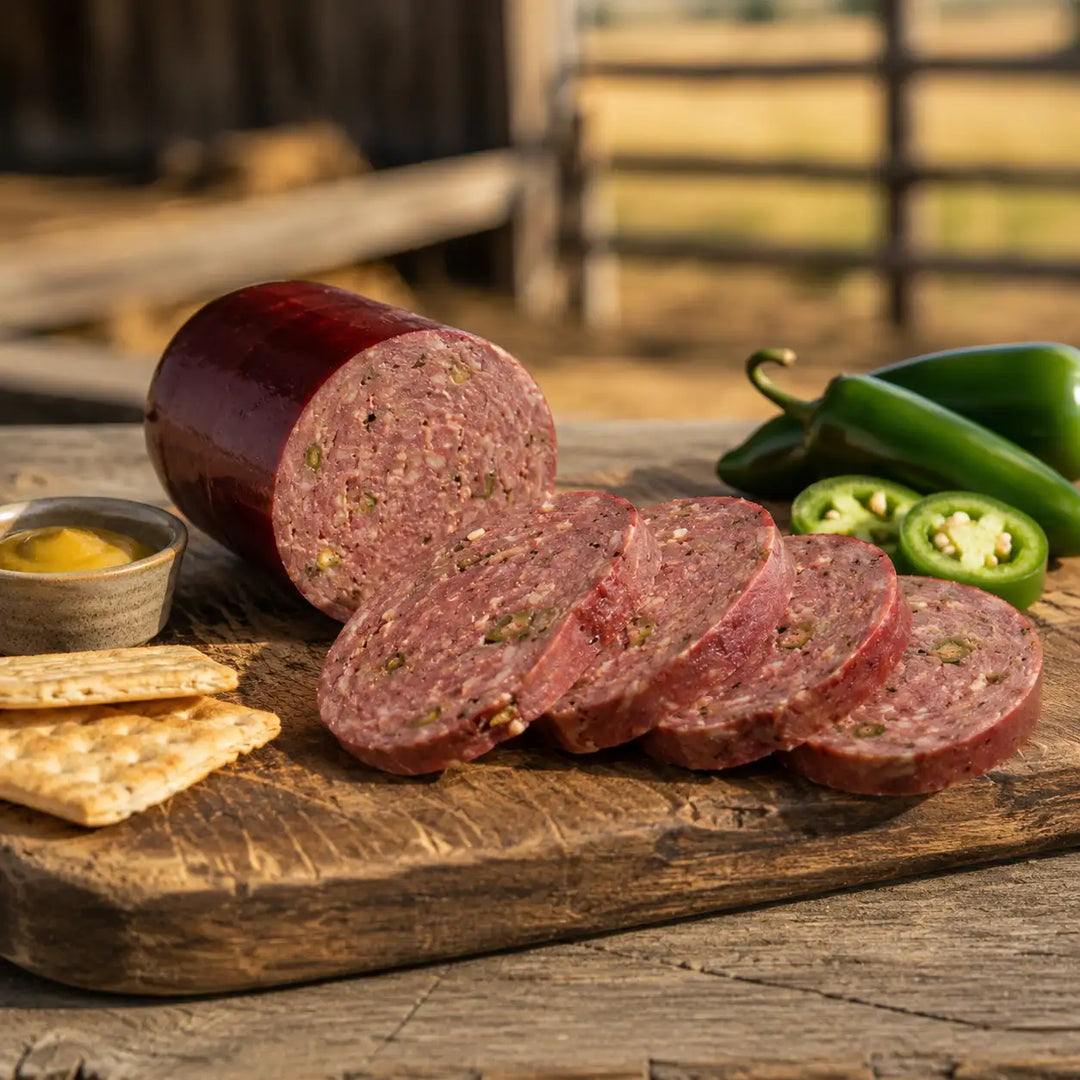 Sliced jalapeño summer sausage on a wooden board with peppers and crackers in the background