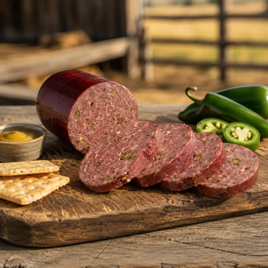 Sliced jalapeño summer sausage on a wooden board with peppers and crackers in the background