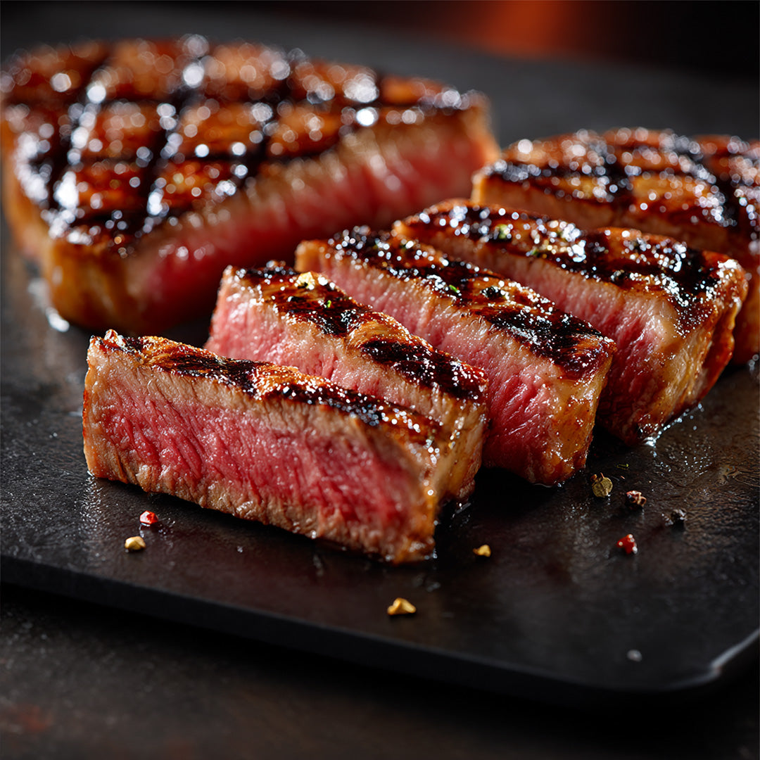 Sliced steak on a dark surface with a close-up view