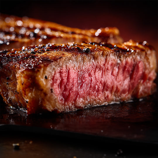 Close-up of a juicy steak with a dark background