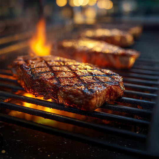 Grilled steaks on a barbecue with flames and smoke.