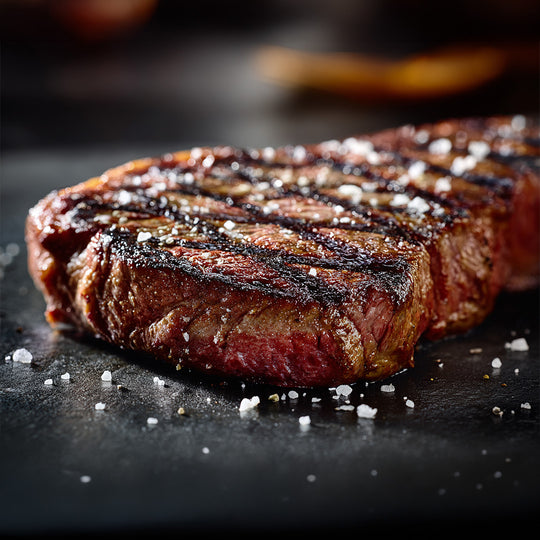 Grilled steak with char marks on a dark surface
