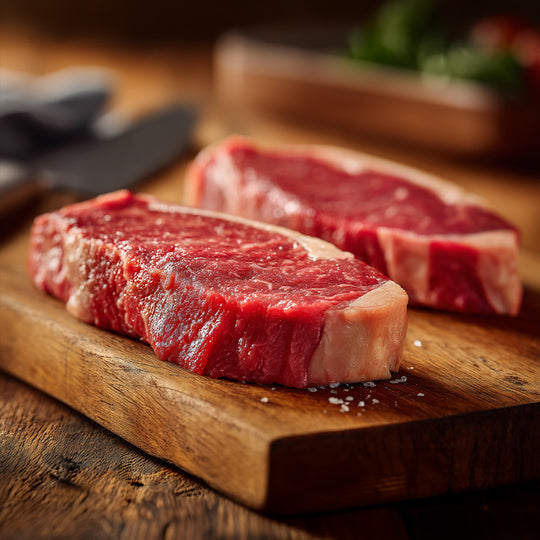 Two raw steaks on a wooden cutting board with a blurred background