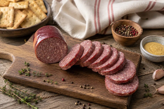 Sliced summer sausage on a wooden cutting board with crackers and herbs in the background