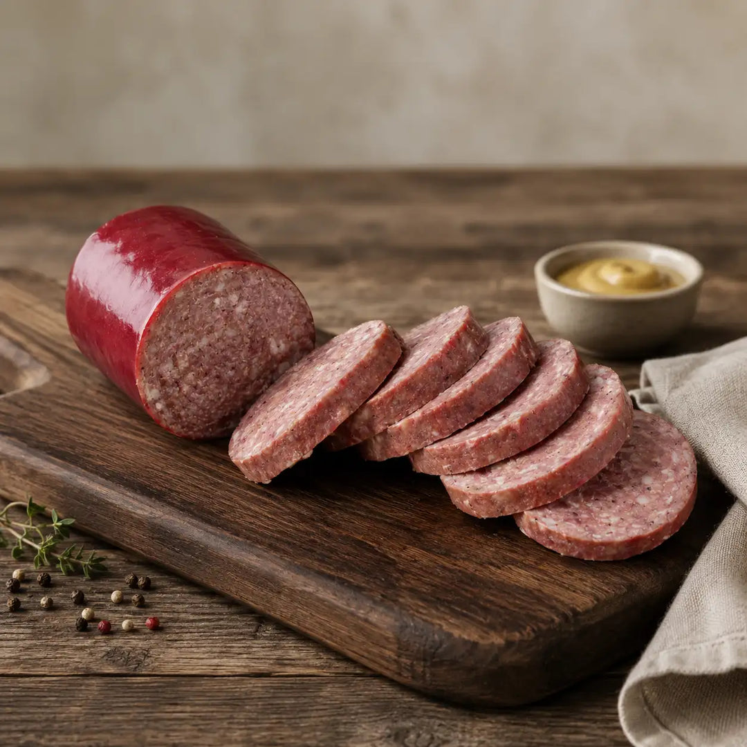 Sliced summer sausage on a wooden cutting board with a bowl of mustard and spices.
