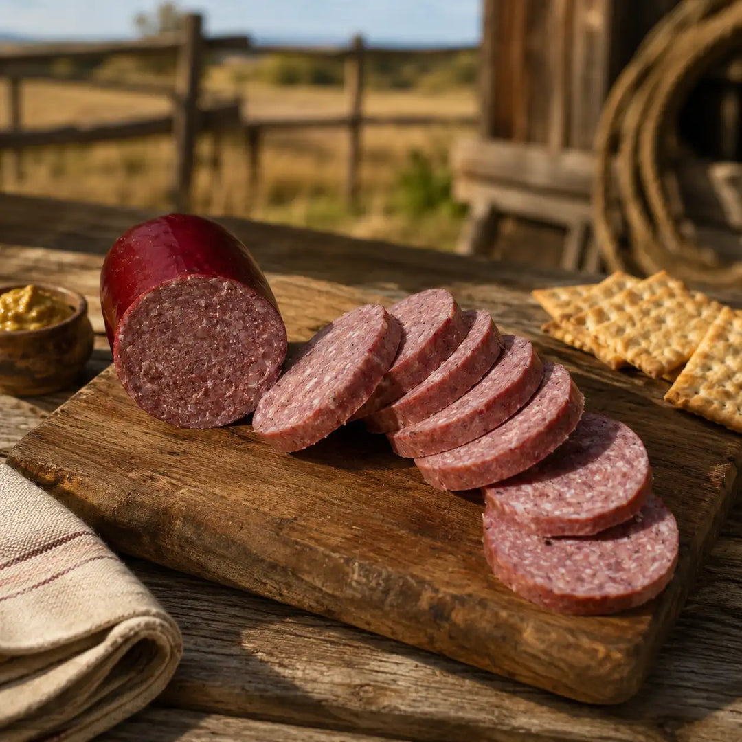 Sliced summer sausage on a wooden cutting board with crackers and mustard, outdoors.