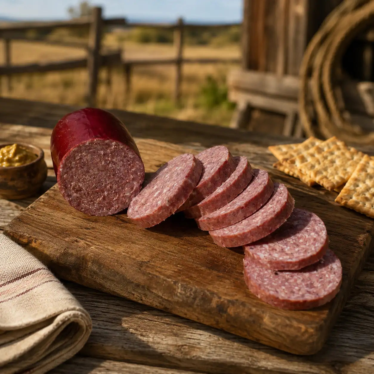 Sliced summer sausage on a wooden cutting board with crackers and mustard, outdoors.