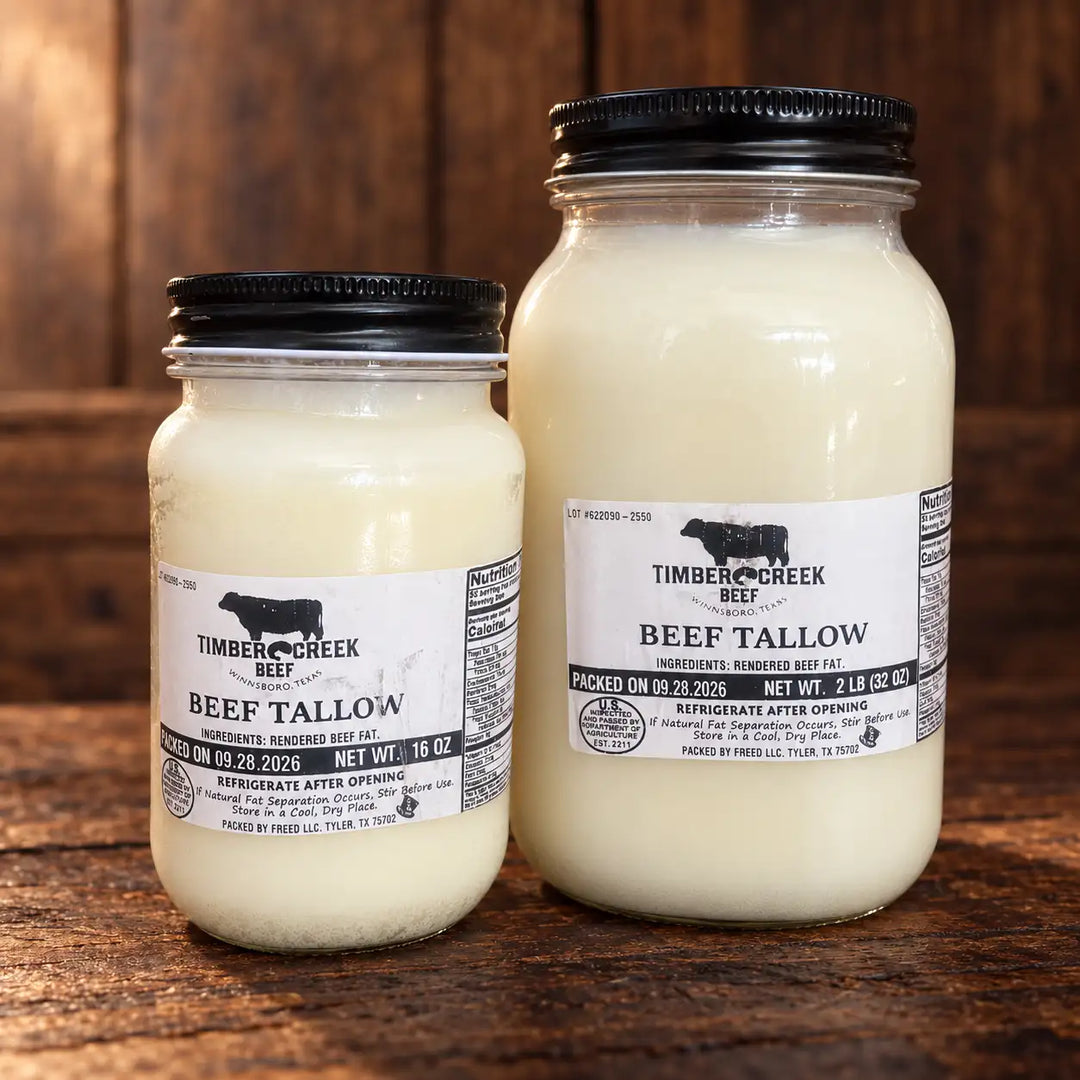 16 oz and 32 oz jars of Timber Creek Beef tallow