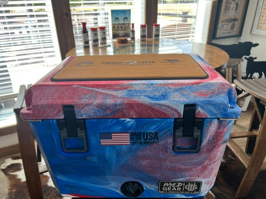 Wyld Gear 25Q Gray Camo Cooler lid with Timber Creek branding